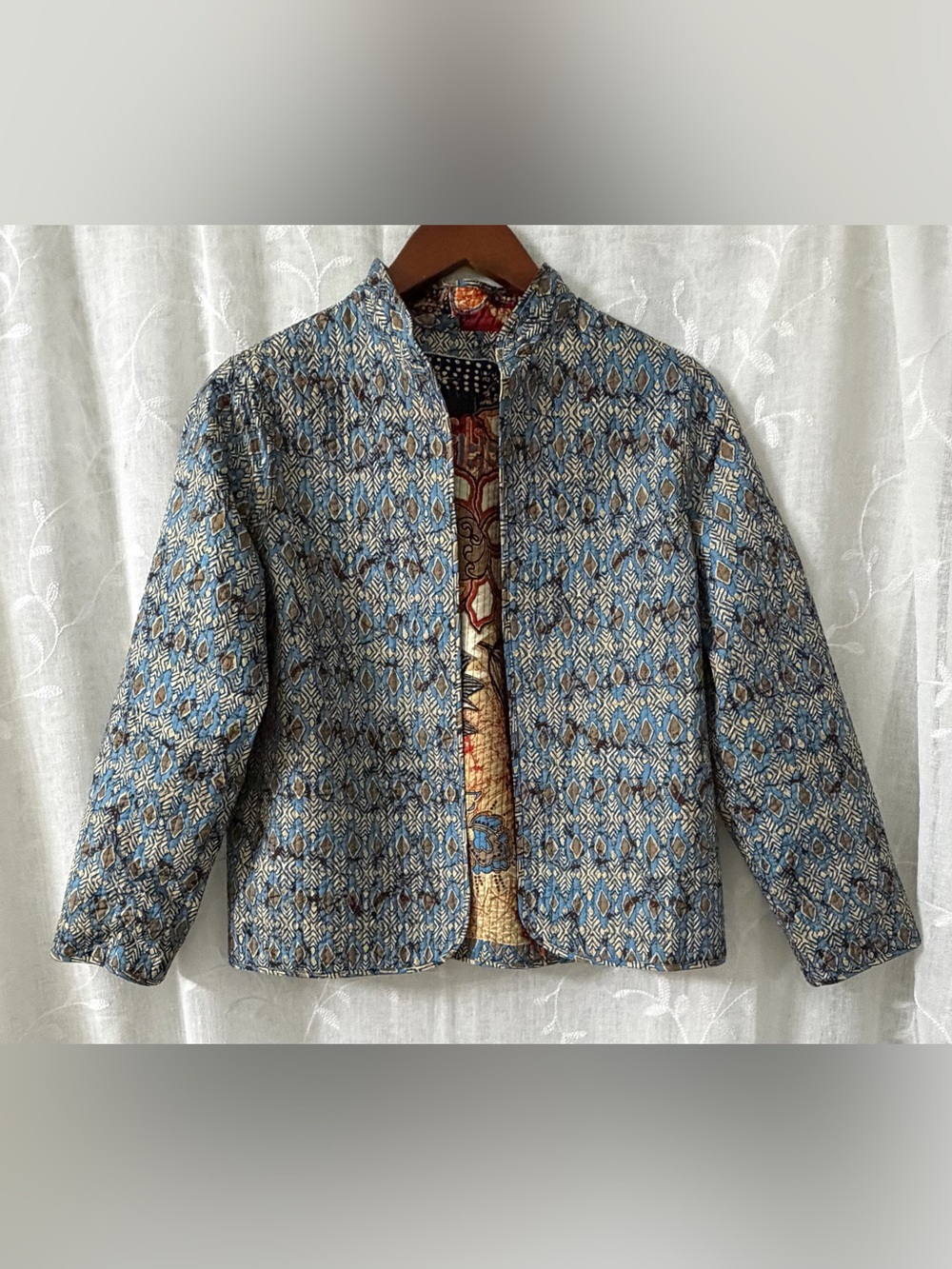 Printed Patchwork Open-Front Jacket - Blue & Red Reversible Small - Picture 3 of 6